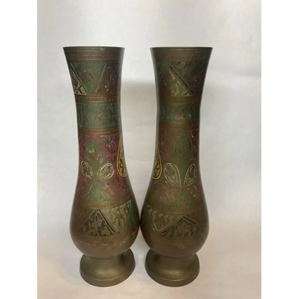 Vintage Set of 2 Brass Hand Etched Multicolored Flower Bud Vases 12